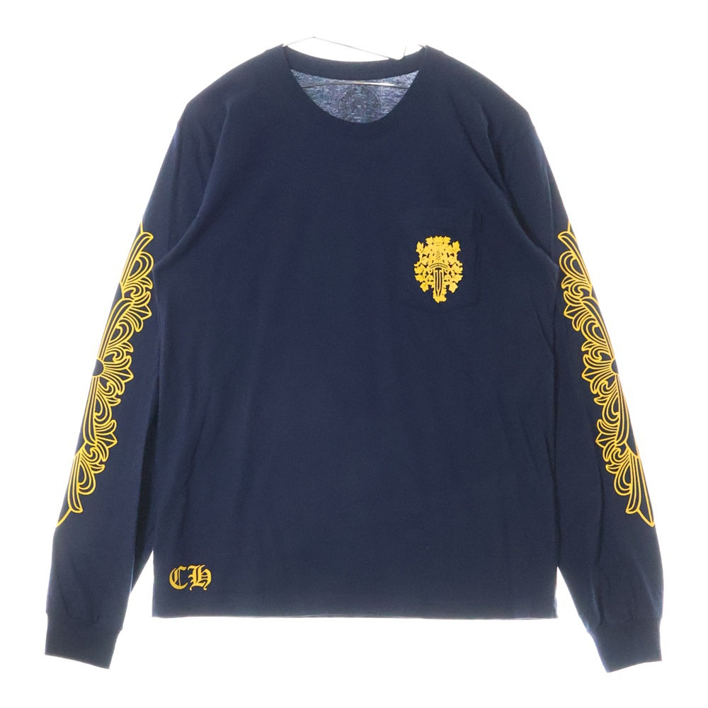 CHROME HEARTS(クロムハーツ) YELLOW DAGGER L/S フロントイエローダガー 袖フローラルクロスプリント 長袖Tシャツカットソー ネイビー/イエロー