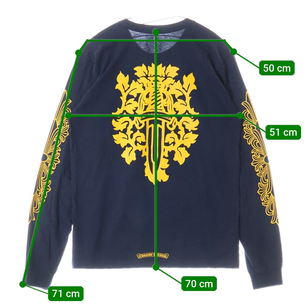 CHROME HEARTS(クロムハーツ) YELLOW DAGGER L/S フロントイエローダガー 袖フローラルクロスプリント 長袖Tシャツカットソー ネイビー/イエロー