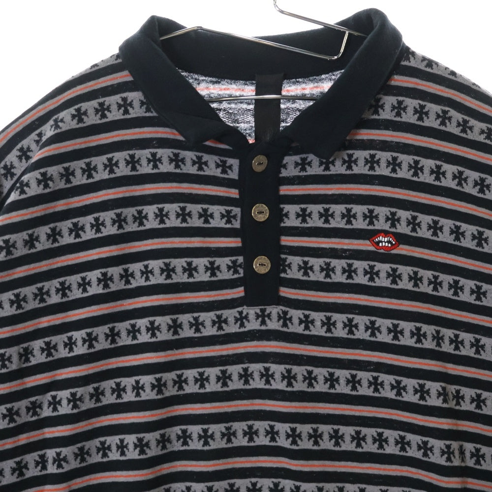 CHROME HEARTS(クロムハーツ) ×MATTY BOY Y NOT CHOMPER STRIPE POLO マッティボーイ チョンパー刺繍 ストライプ ロングスリーブ ポロシャツ ブラック/グレー/オレンジ