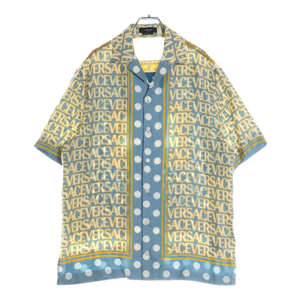 VERSACE(ヴェルサーチ) 総柄シルク 半袖T開襟シャツ 1A07777 ブルー/イエロー