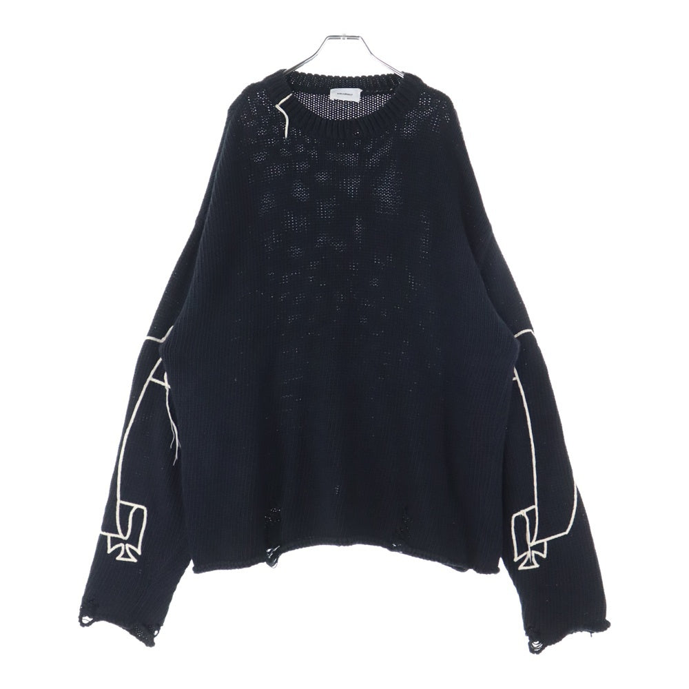 ASKYURSELF(アスクユアセルフ) RAW BANNED CROCHET CREW KNIT コットン ニットセーター ブラック