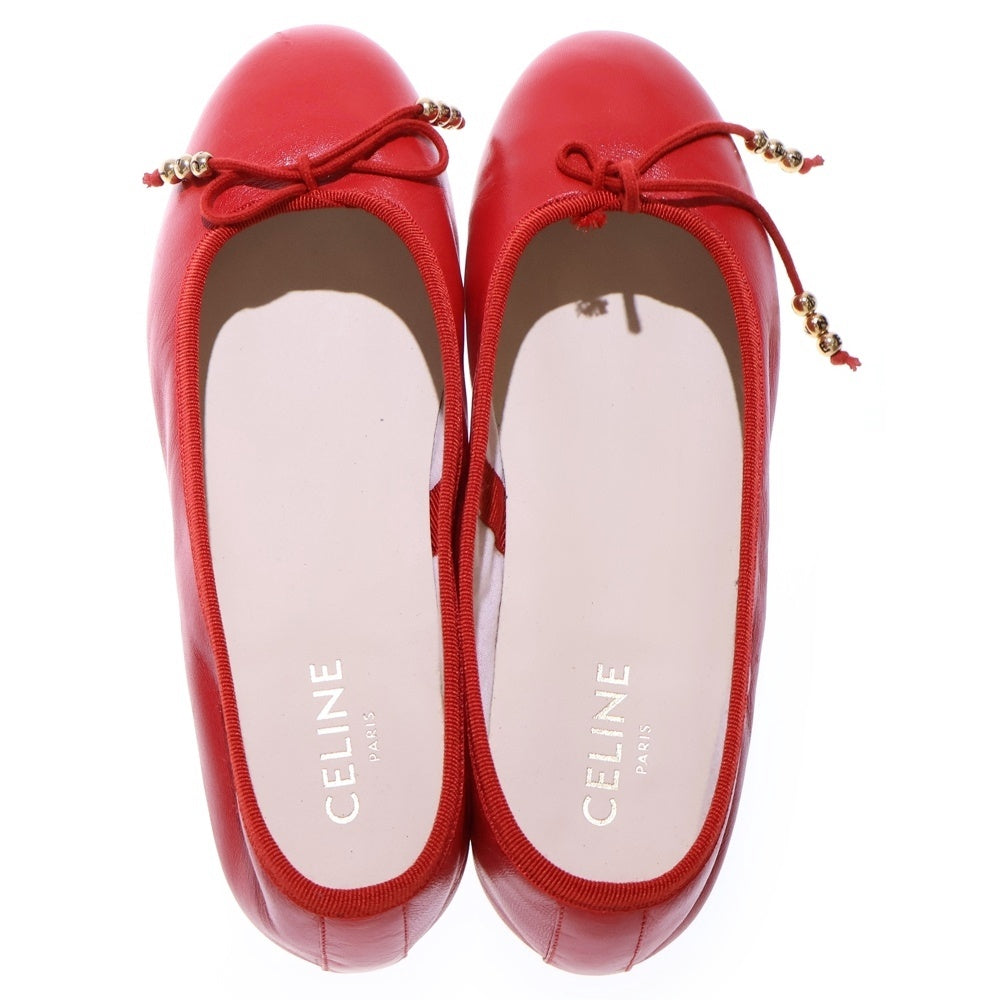 CELINE(セリーヌ) バレリーナ フラットシューズ ロゴパールアクセント レッド レディース