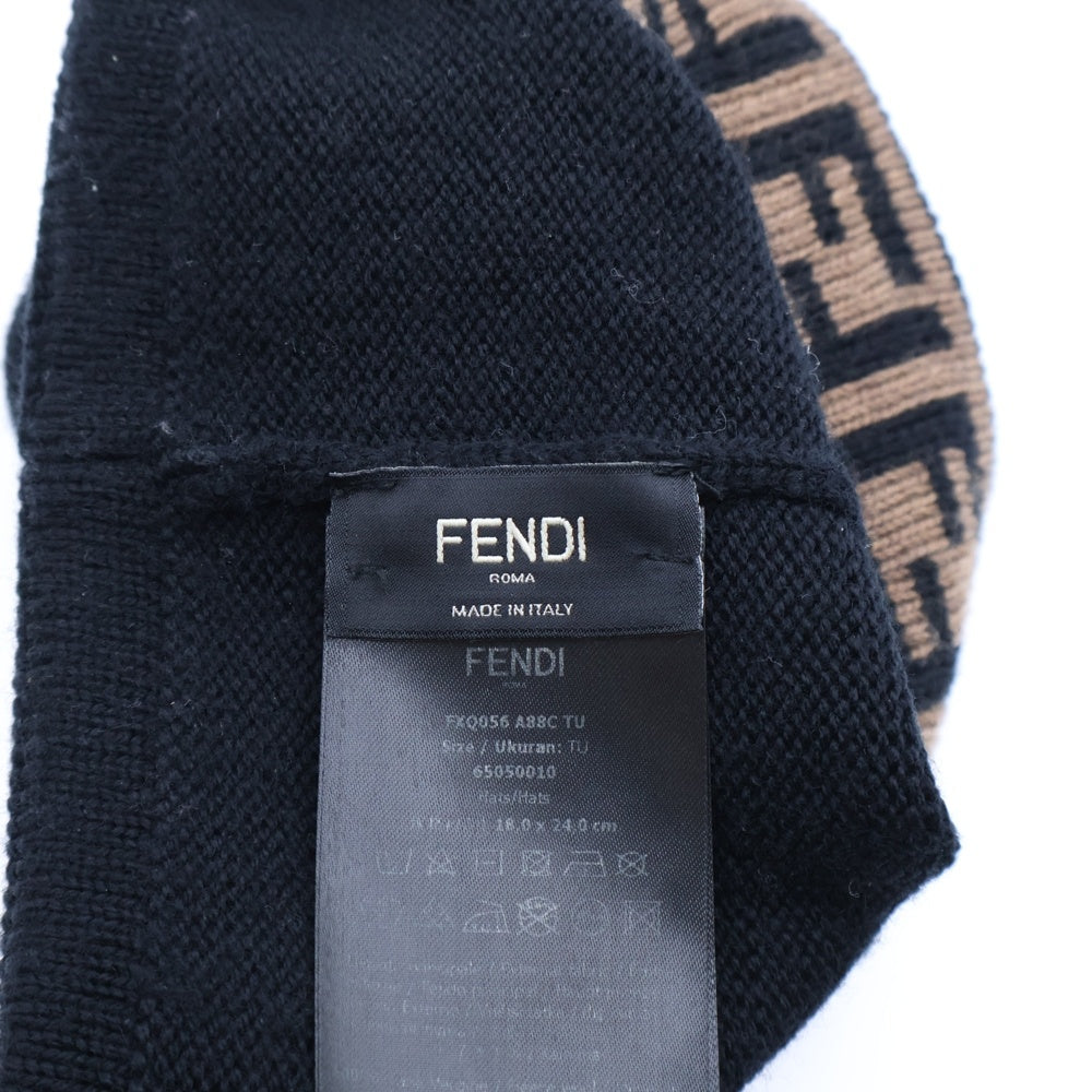 FENDI(フェンディ) ズッカ柄 ウール ニットキャップ ビーニー 帽子 ブラック FXQ056 A88C レディース