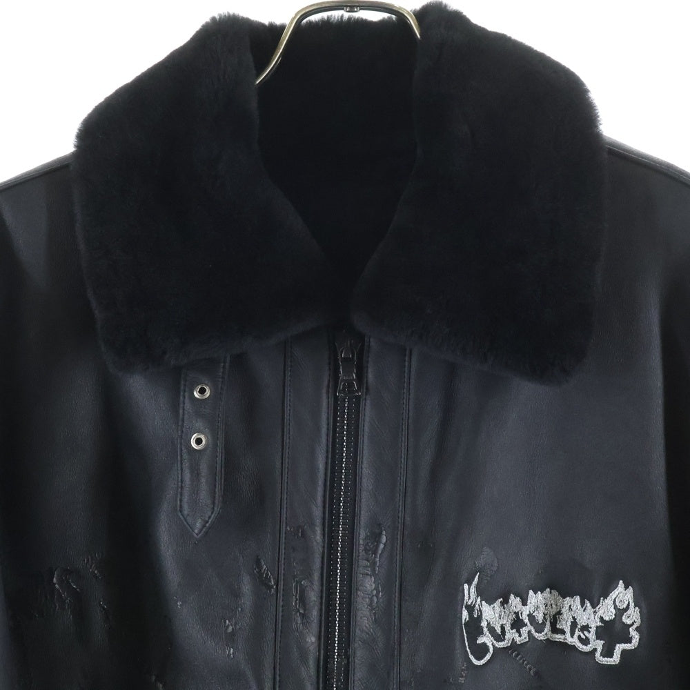 cvtvlist(カタリスト) Logo Embroidery Shearling Jacket ロゴ刺繍ムートンジャケット レザーボアジャケット ブラック