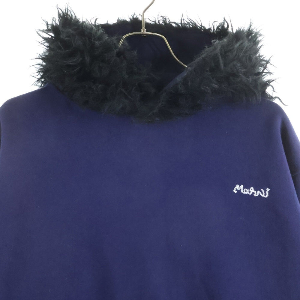 MARNI(マルニ) 22AW フロントロゴ刺繍 フェイクファー フーデッド プルオーバーパーカー スウェット ネイビー FUMU0067XQ UTC029