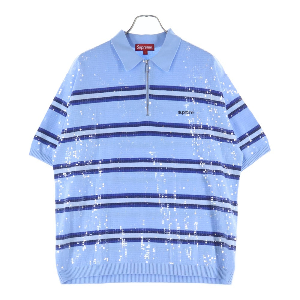 SUPREME(シュプリーム) 23SS Sequin Stripe Zip Polo ストライプ ハーフジップポロシャツ ブルー