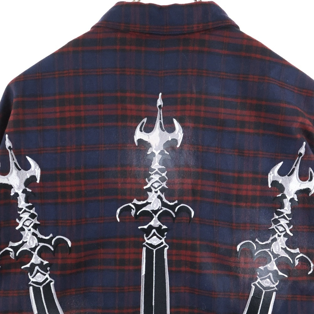 THUG CLUB(サグクラブ) 24AW Arab Sword Flannel Shirt アラブソード 袖 バック刺繍 ロゴプレート チェック総柄 フランネル スナップボタン 長袖シャツ TC24SH2003