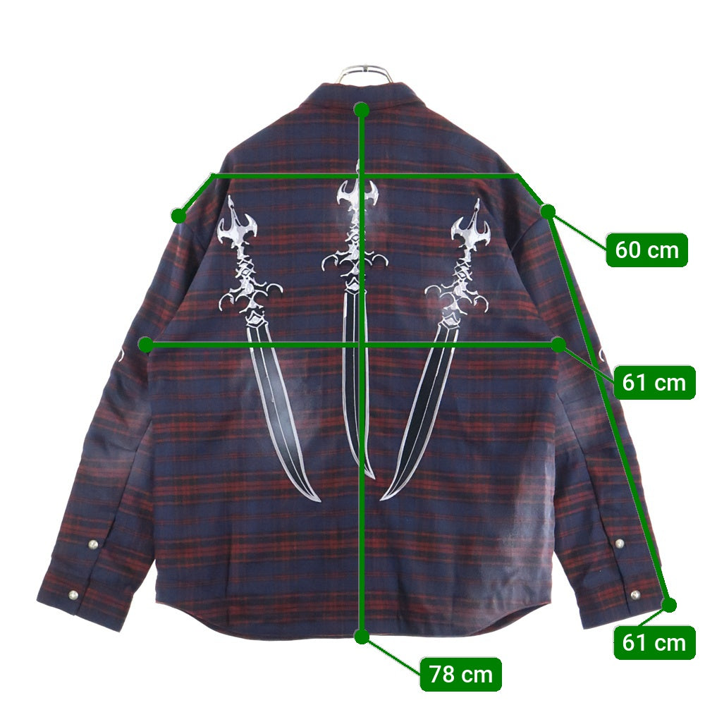 THUG CLUB(サグクラブ) 24AW Arab Sword Flannel Shirt アラブソード 袖 バック刺繍 ロゴプレート チェック総柄 フランネル スナップボタン 長袖シャツ TC24SH2003