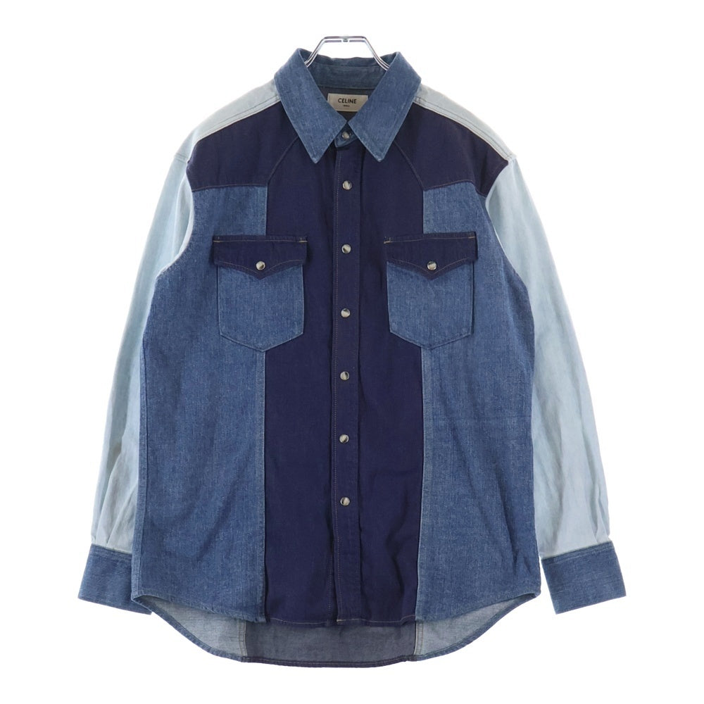 CELINE(セリーヌ) パッチワークデニムウエスタンシャツ スナップダウン長袖シャツ ブルー 2T353521T