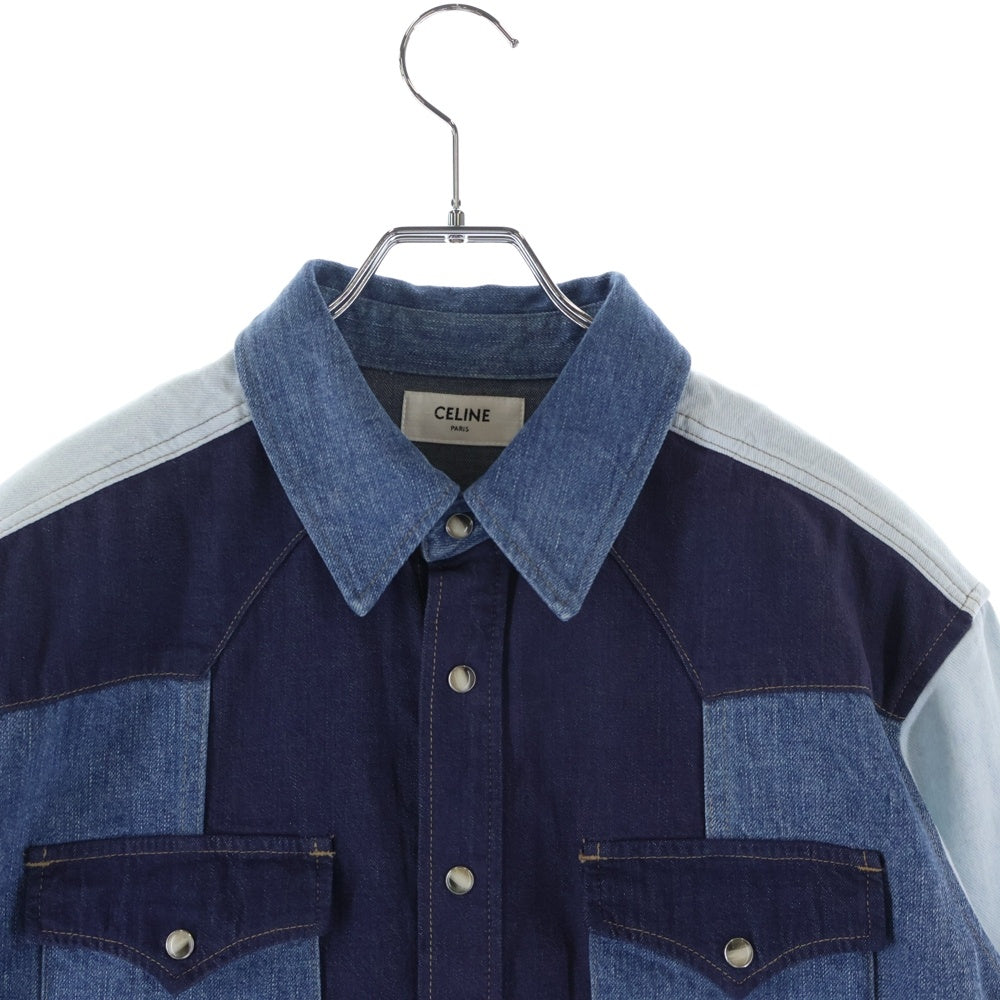 CELINE(セリーヌ) パッチワークデニムウエスタンシャツ スナップダウン長袖シャツ ブルー 2T353521T