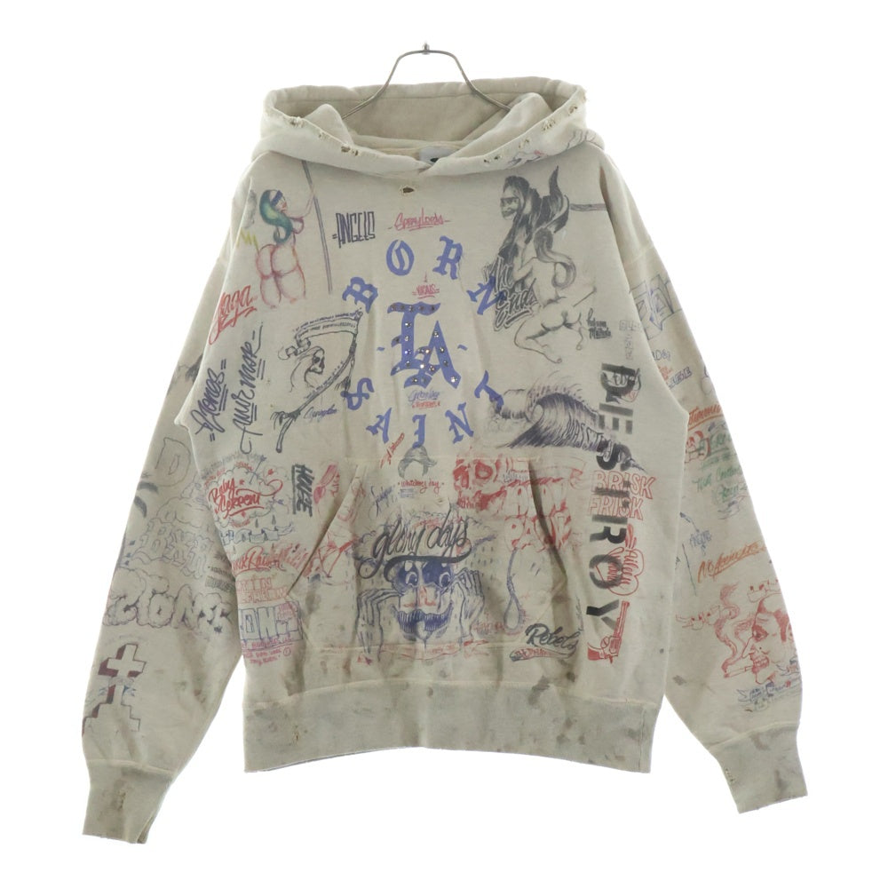 SAINT MICHAEL(セントマイケル) 24SS×Born × Raised Paint ボーンレイズド 総柄ペイントパーカー SM-YS3-0000-C11 ベージュ