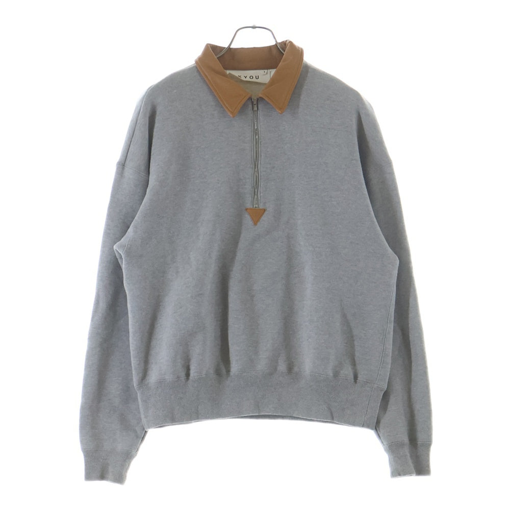 NO BRAND(ノーブランド) KYOU BROTHERS LEATHER HEAVY WEIGHT SWEAT 襟レザー ハーフジップスウェットトレーナー グレー KU3SSUSWT01