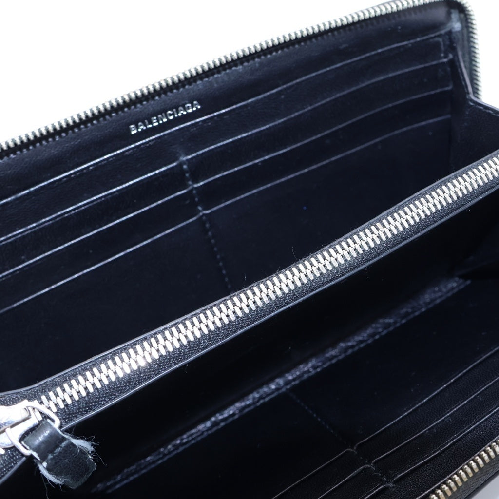 BALENCIAGA(バレンシアガ) ロゴプリント レザー ラウンドジップ ウォレット 財布 ブラック