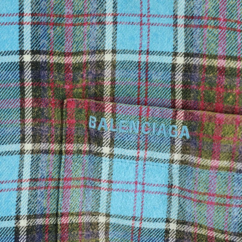 BALENCIAGA(バレンシアガ) ロゴ刺繍 ブリーチフランネルチェック 長袖シャツ ブルー 715030 TMM11