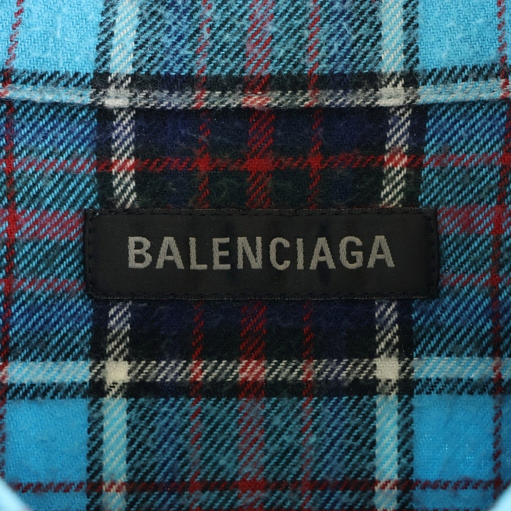 BALENCIAGA(バレンシアガ) ロゴ刺繍 ブリーチフランネルチェック 長袖シャツ ブルー 715030 TMM11