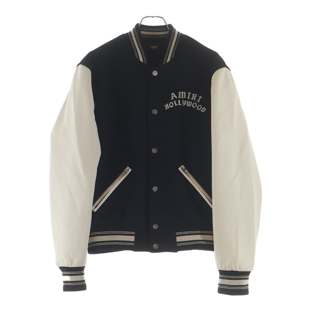 AMIRI(アミリ) HOLLYWOOD BOMBER ボンバージャケット ロゴ刺繍 レザー切替スタジャン ブラック/ホワイト AMOUBB1066
