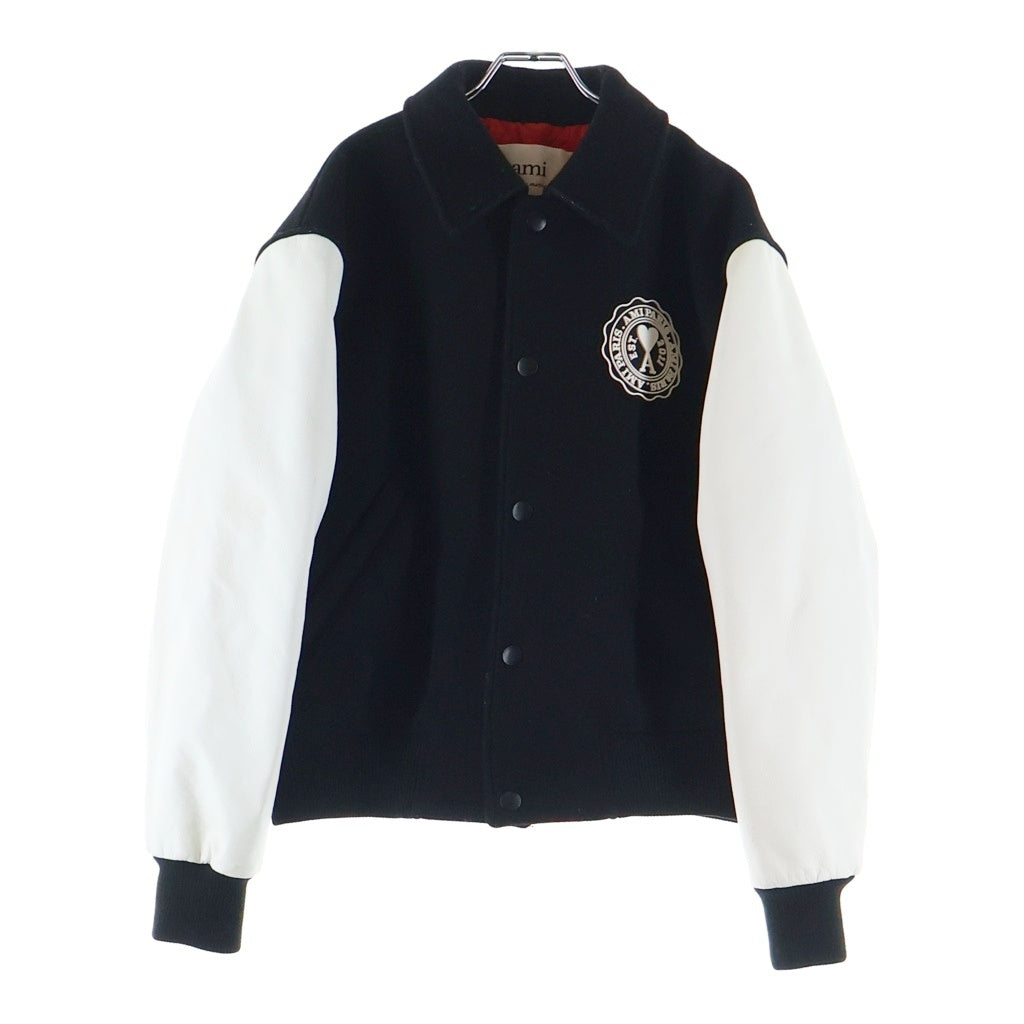 AMI Alexandre Mattiussi(アミアレクサンドルマテュッシ) レザー切り替えウールスタジャン ジャケット HJK214.259 ブラック/ホワイト