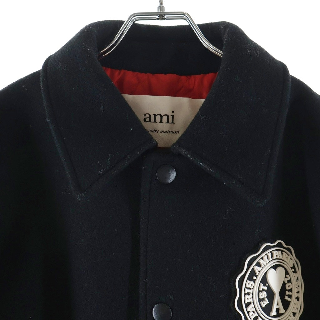 AMI Alexandre Mattiussi(アミアレクサンドルマテュッシ) レザー切り替えウールスタジャン ジャケット HJK214.259 ブラック/ホワイト