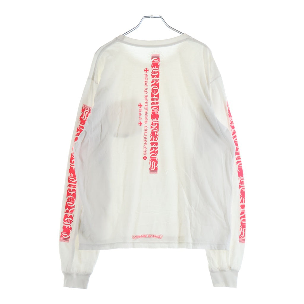 CHROME HEARTS(クロムハーツ) Neon Pink Stripe Logo ストライプロゴ プリント 長袖Tシャツ カットソー ホワイト/ピンク