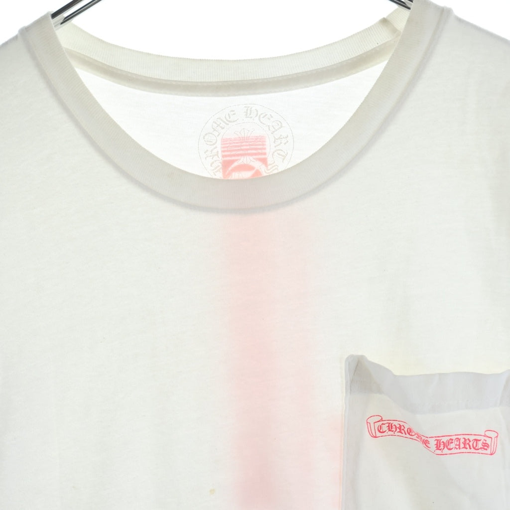 CHROME HEARTS(クロムハーツ) Neon Pink Stripe Logo ストライプロゴ プリント 半袖Tシャツ カットソー ホワイト/ピンク