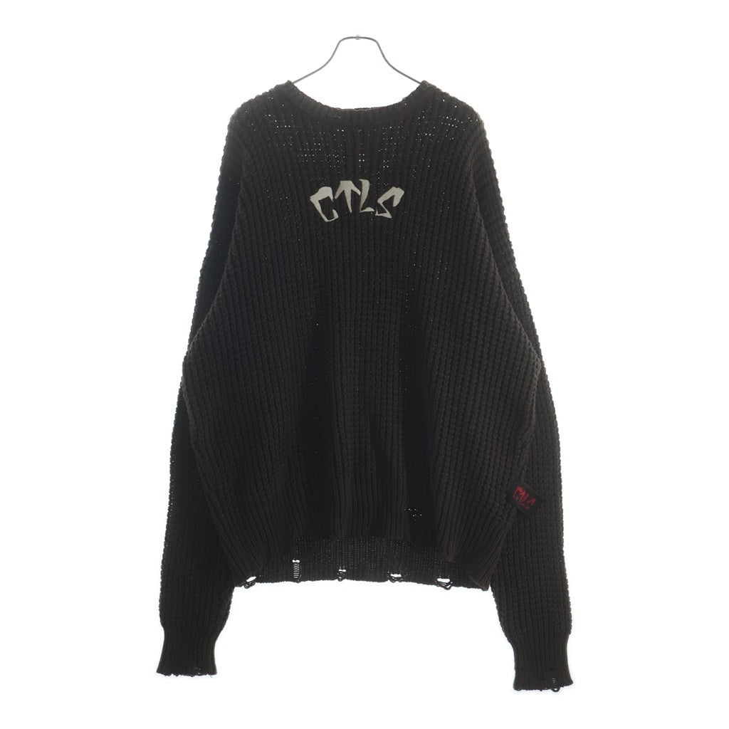 cvtvlist(カタリスト) 23AW クラッシュ加工 刺繍ロゴ オーバーサイズ ニットセーター ブラウン 2301100202