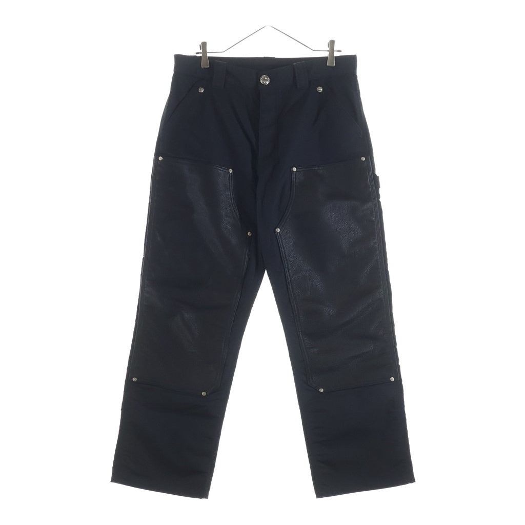 CHROME HEARTS(クロムハーツ) CARPENTER DOUBLE KNEE クロスパッチ付きレザー切替ナイロンカーペンターロングパンツ ブラック -