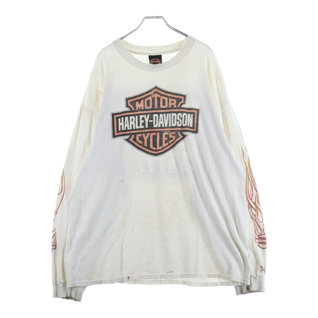 VINTAGE(ヴィンテージ) 90s HARLEY DAVIDSON FLAMES L/S TEE ハーレーダビットソン レイムス 袖ファイヤー 長袖Tシャツ ホワイト -