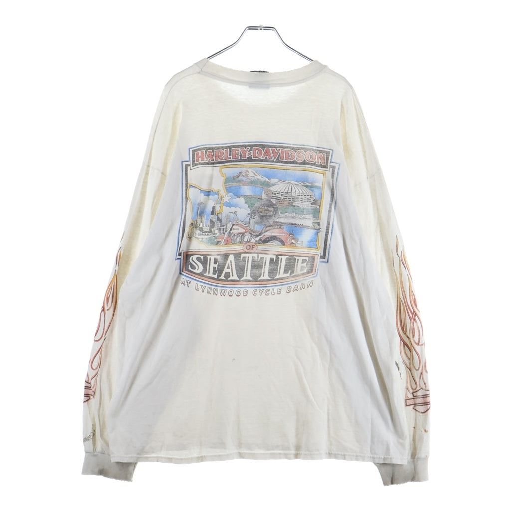 VINTAGE(ヴィンテージ) 90s HARLEY DAVIDSON FLAMES L/S TEE ハーレーダビットソン レイムス 袖ファイヤー 長袖Tシャツ ホワイト -
