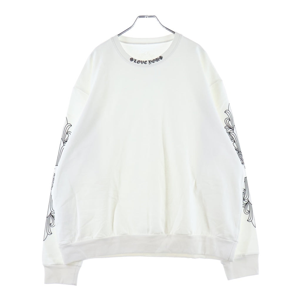 CHROME HEARTS(クロムハーツ) LOVE YOU NECK LOGO ラブユー ネックロゴ 袖フローラルプリント クルーネックスウェット ホワイト
