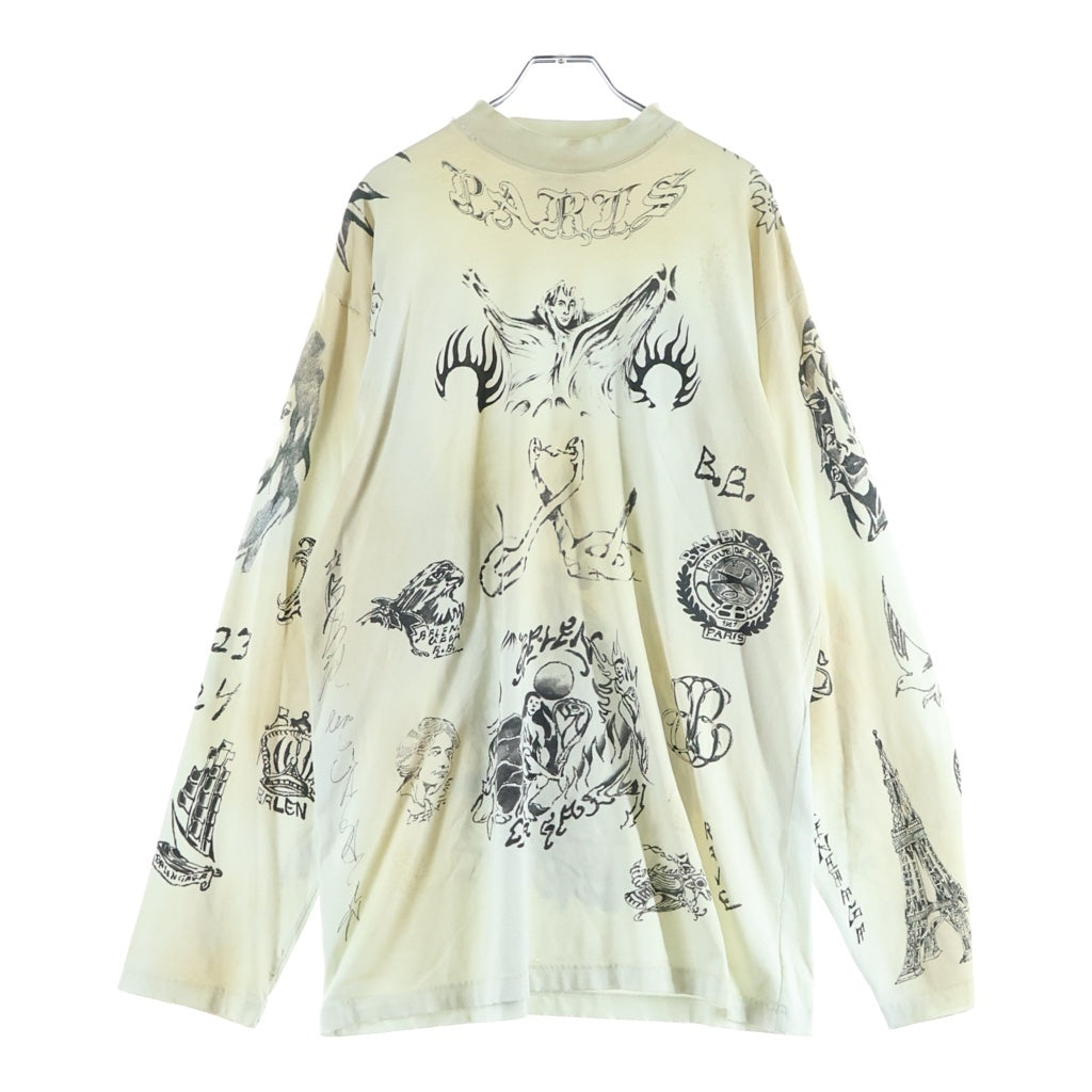 BALENCIAGA(バレンシアガ) 24SS Tattoo Distressed ダメージ加工 総柄プリント クルーネック長袖Tシャツカットソー ロングスリーブ ロンT ホワイト 790365 TQVR1