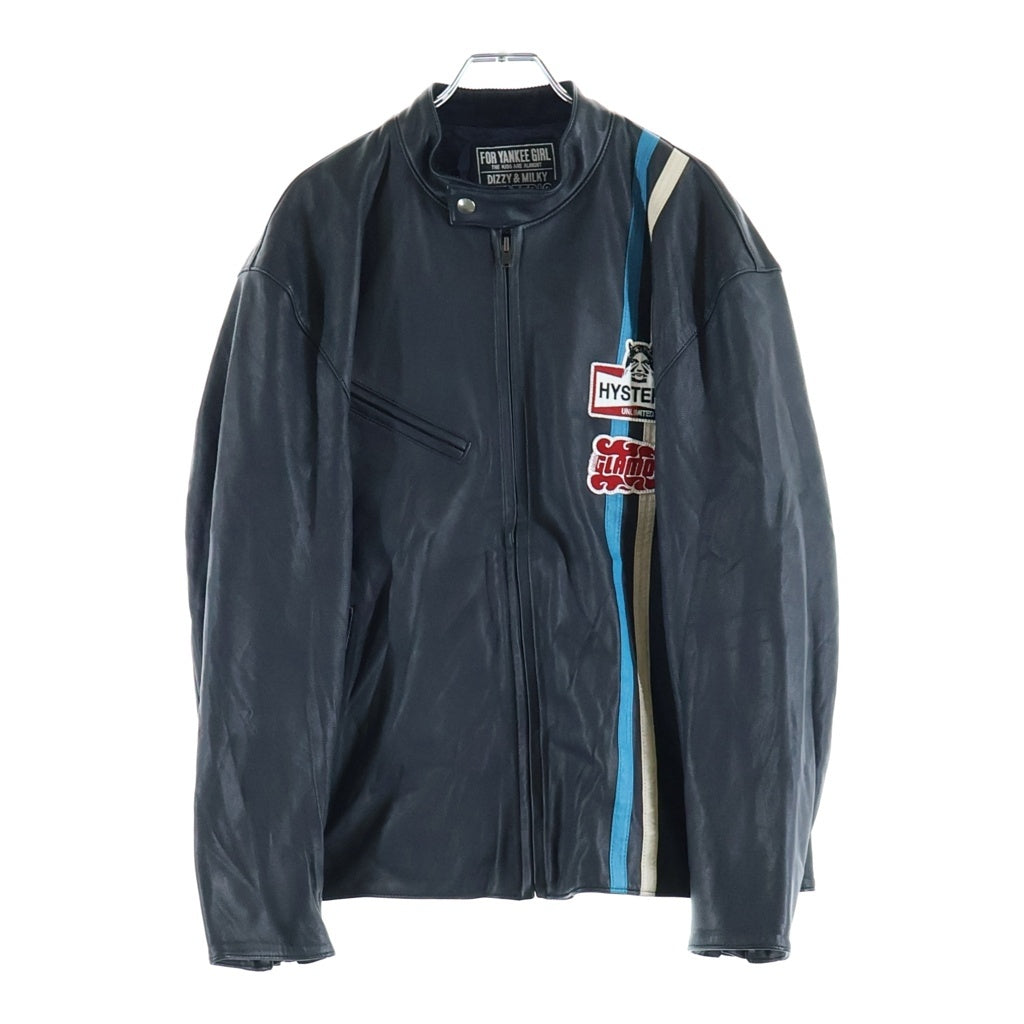 HYSTERIC GLAMOUR(ヒステリックグラマー) ゴートレザー ワッペンロゴ ストライプ ジップアップ ライダースジャケット ネイビー 02213LB02