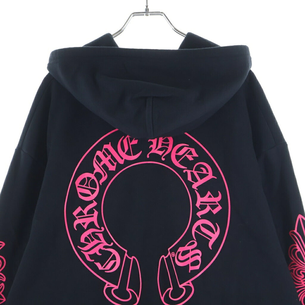 CHROME HEARTS(クロムハーツ) SWTSHRT HD ZIP 袖フローラルバックホースシュープリントパーカー ブラック/ピンク/シルバー