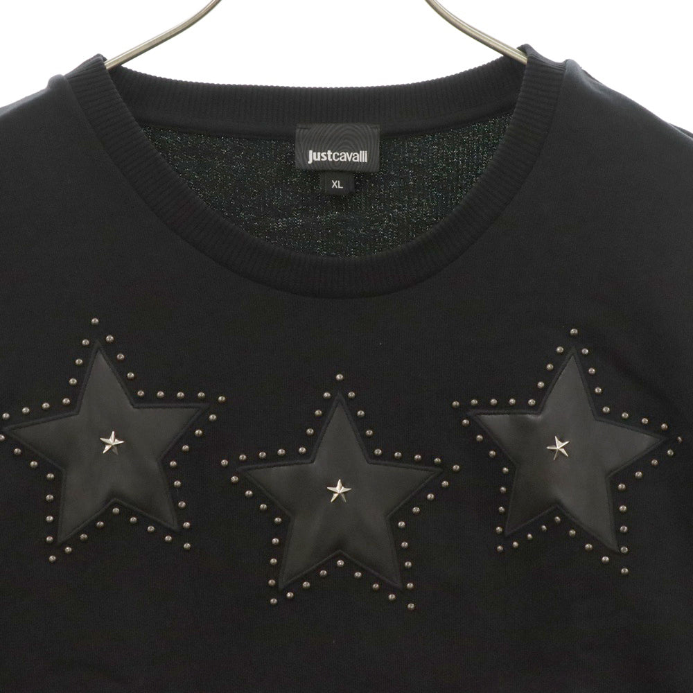 JUST cavalli(ジャストカヴァリ) 18SS コットン フェイクレザー切替 スタッズ クルーネック スウェット トレーナー ブラック S01GU0017 N25157