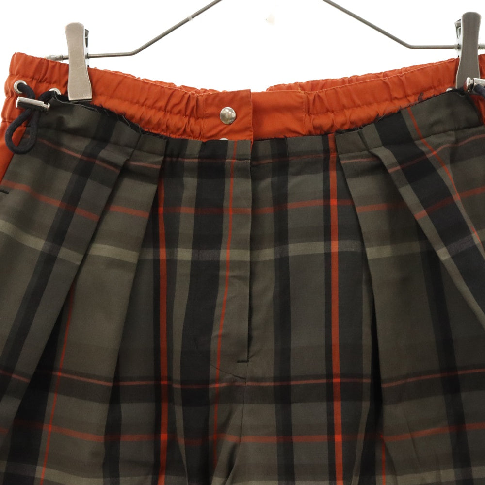 Sacai(サカイ) ジップフライ チェック デザイン切替 ドローコードワイドパンツ ブラック/オレンジ レディース 19-04462