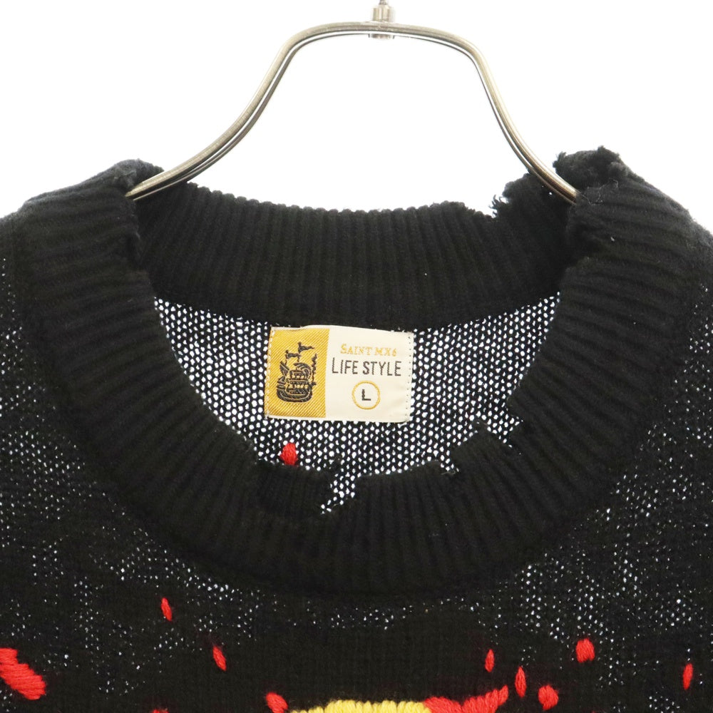 SAINT MICHAEL(セントマイケル) 24AW CP CREW KNT SMILE スマイル ダメージ加工プルオーバーニット セーター SM-YS1-0000-C07 ブラック