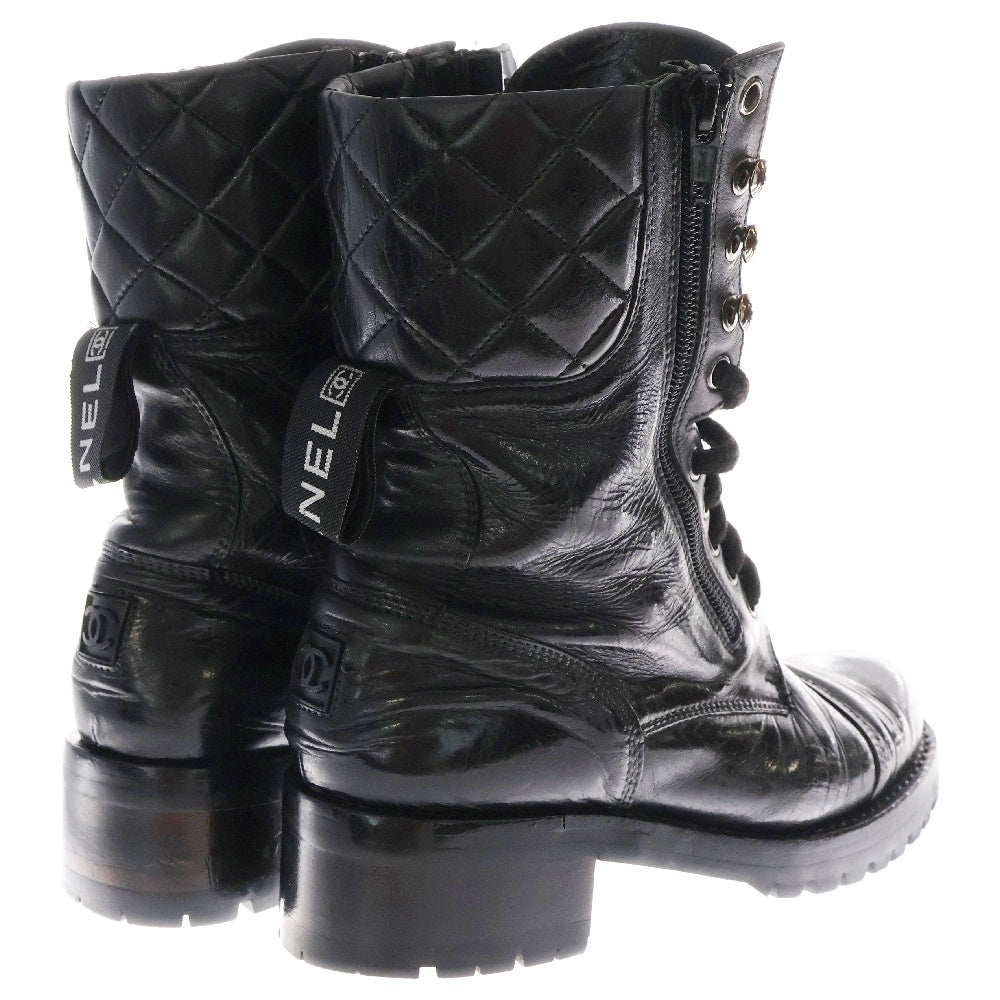 CHANEL(シャネル) ココマーク ラバーロゴ ジップ レースアップ レザーブーツ ブラック レディース
