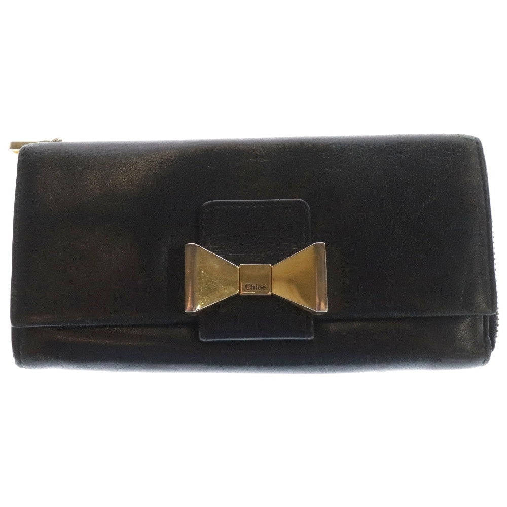 Chloe(クロエ) リボン ゴールド金具 ジップ レザー 長財布 ブラック レディース