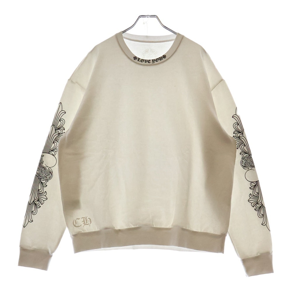 CHROME HEARTS(クロムハーツ) LOVE YOU CREW SWTSHRT 袖フローラルクロスハートプリントスウェットトレーナー ホワイト