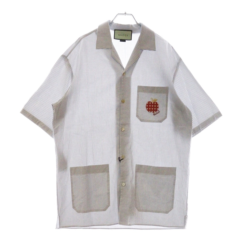 GUCCI(グッチ) 21AW LES POMMES Apple Designed Short Sleeve Shirt 663637 ZAHCS 刺繍 ストライプ 半袖シャツ ブルー