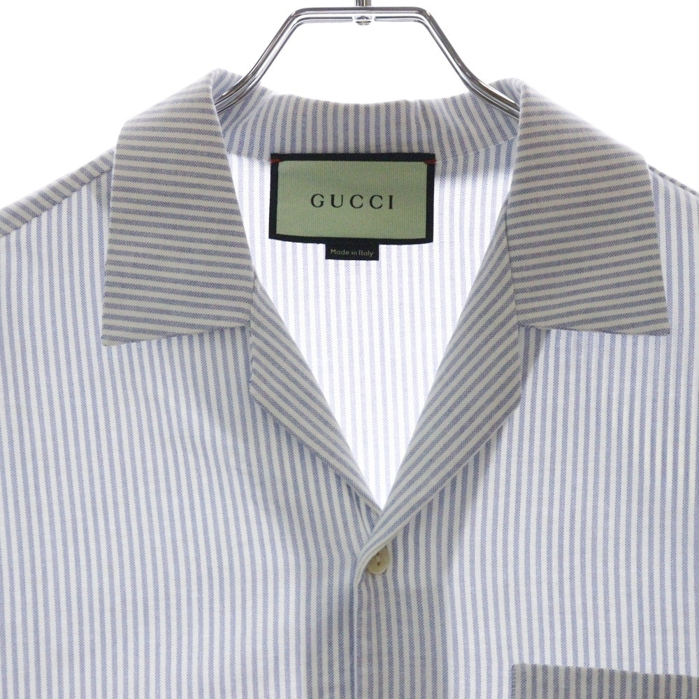 GUCCI(グッチ) 21AW LES POMMES Apple Designed Short Sleeve Shirt 663637 ZAHCS 刺繍 ストライプ 半袖シャツ ブルー