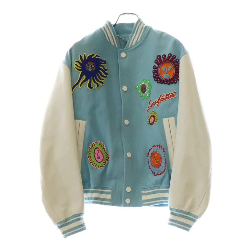 LOUIS VUITTON(ルイヴィトン) 23AW ×YK Embroidered Faces Varsity Blouson RM232H VN6 HOL30E ×草間彌生 パッチワーク バーシティレザー切り替えジャケット スタジャン ブルー/ホワイト