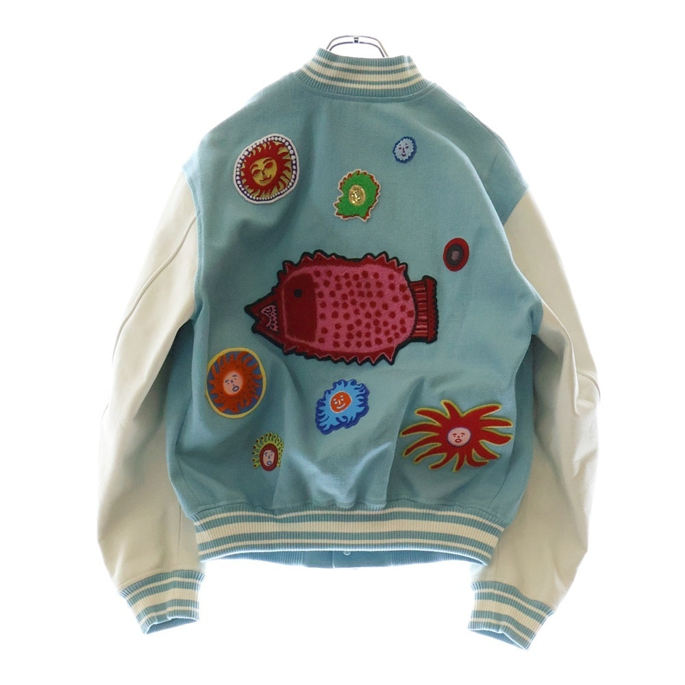 LOUIS VUITTON(ルイヴィトン) 23AW ×YK Embroidered Faces Varsity Blouson RM232H VN6 HOL30E ×草間彌生 パッチワーク バーシティレザー切り替えジャケット スタジャン ブルー/ホワイト