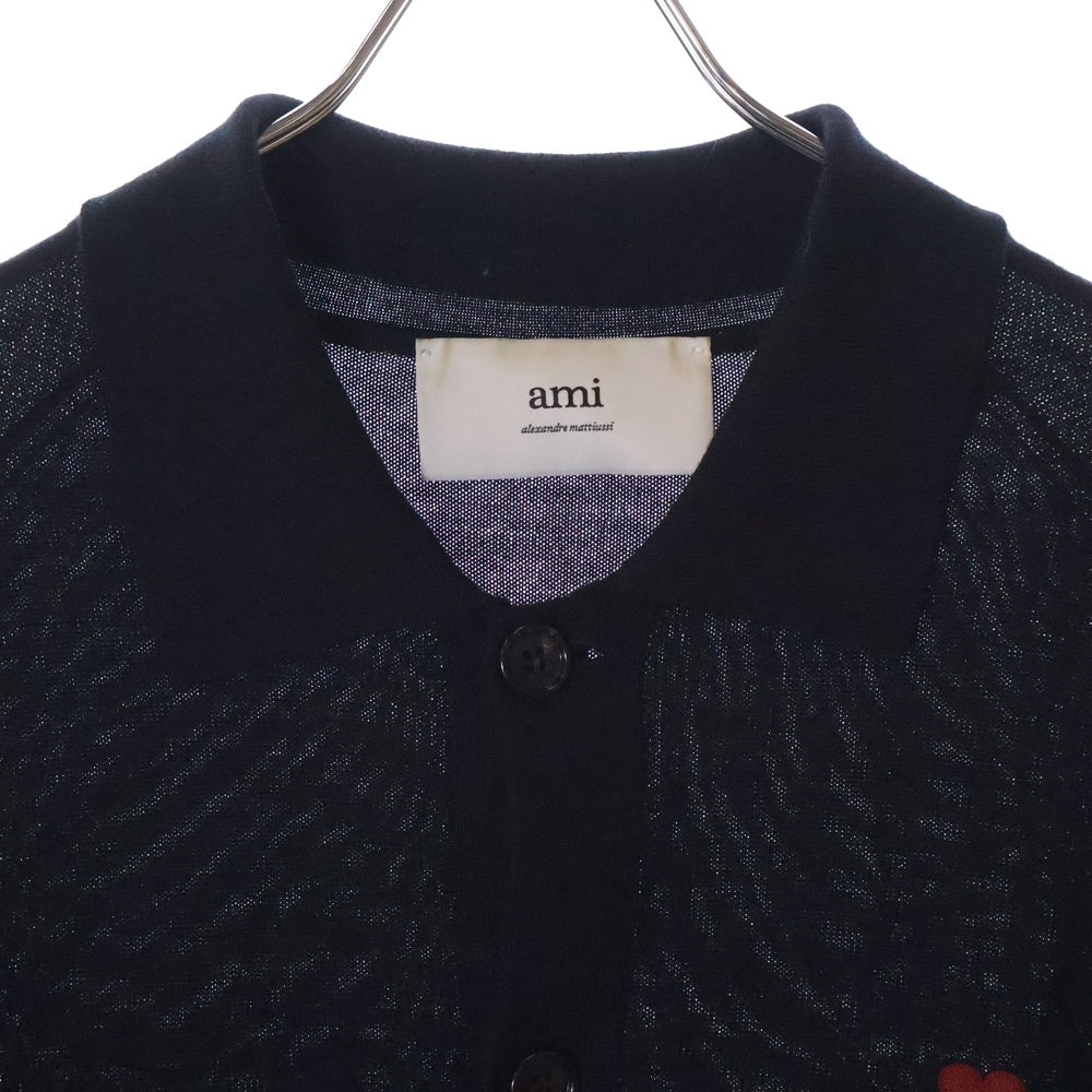 AMI Alexandre Mattiussi(アミアレクサンドルマテュッシ) Heart Logo Embroidered Cardigan HKC211.KN0025 ロゴ刺繍ニットカーディガン ブラック