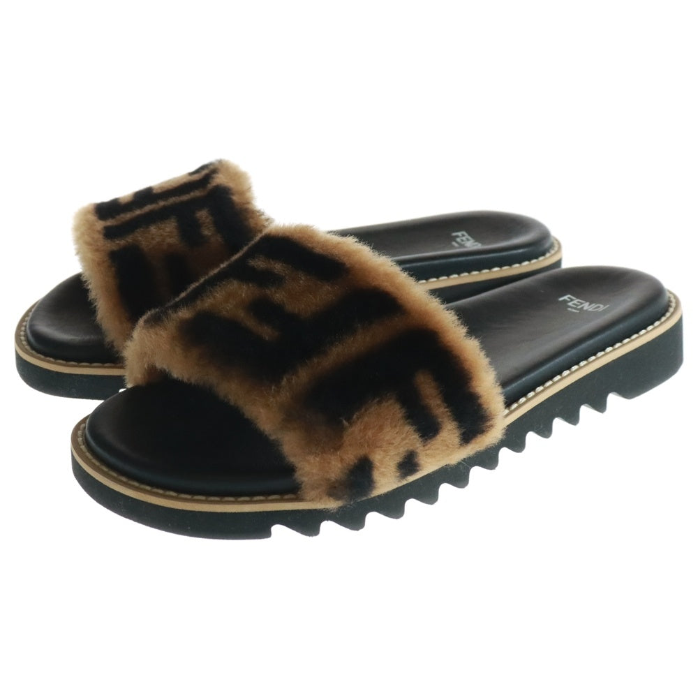 FENDI(フェンディ) FF Fur Pool Slide Sandal FFロゴファースライドサンダル ブラック/ブラウン レディース