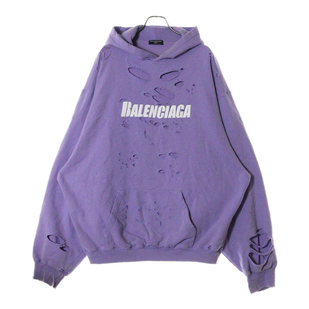BALENCIAGA(バレンシアガ) 21SS Caps Destroyed Hoodie キャップス デストロイド フーディ プルオーバースウェットパーカー ダメージ加工 パープル 659403 TKVB6