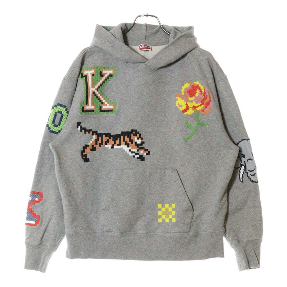KENZO(ケンゾー) ピクセル刺繍 スウェット プルオーバーパーカー フーディ グレー FD55SW4674ME