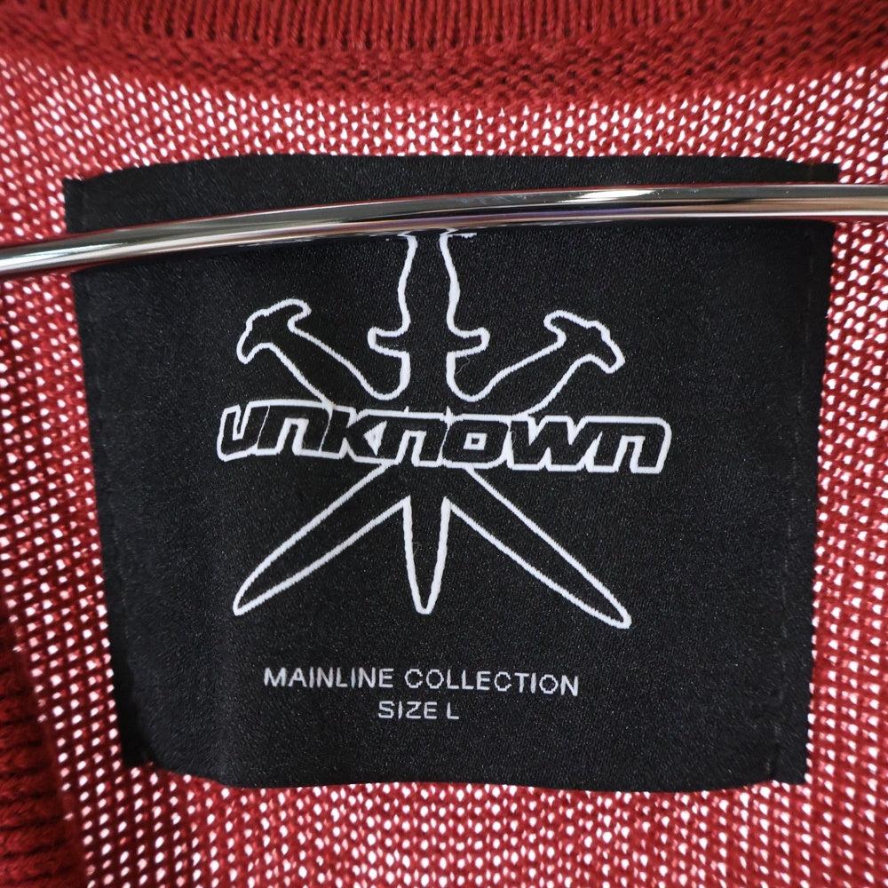 UNKNOWN LONDON(アンノーンロンドン) ロゴ刺繍 ジップアップ 半袖ニットジャケット レッド