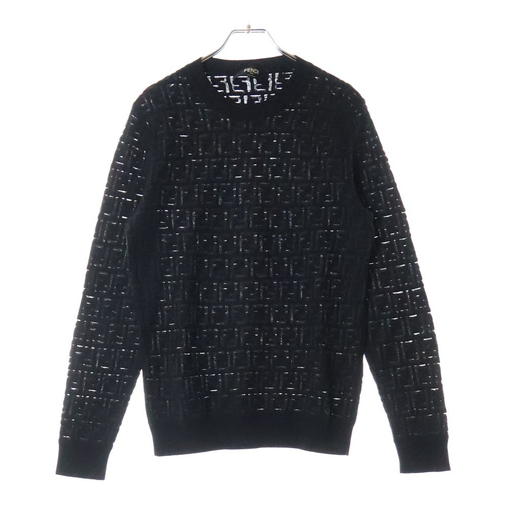 FENDI(フェンディ) ロゴ ズッカ柄 ウール クルーネックニット 長袖セーター ブラック FZY063 AAUQ