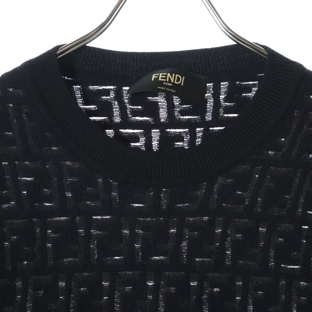 FENDI(フェンディ) ロゴ ズッカ柄 ウール クルーネックニット 長袖セーター ブラック FZY063 AAUQ