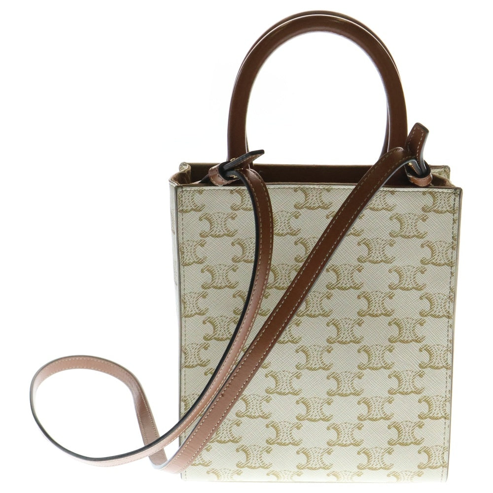 CELINE(セリーヌ) バーティカルカバ トリオンフ ミニ 2WAYバッグ ショルダーバッグ ミニトートバッグ ミニハンドバッグ ホワイト×ブラウン ゴールド金具